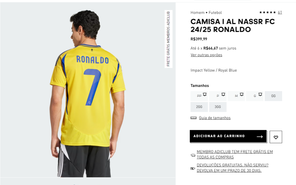 captura de tela do site da adidas com camiseta do Al nassar com número 7 e Cristiano.