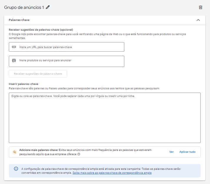 tela de adição de palavra chave google ads