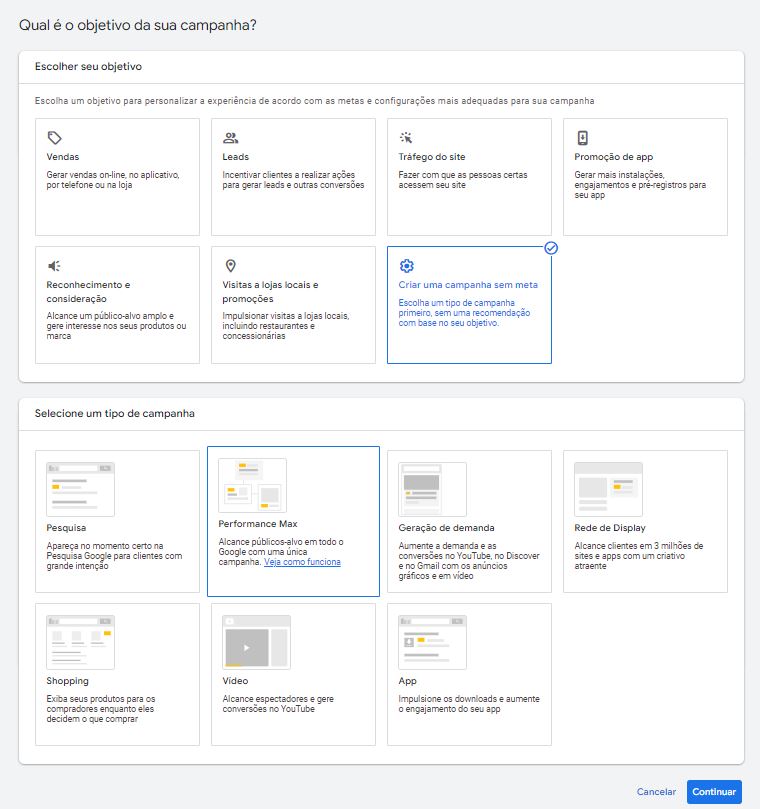 menu de escolha de meta e tipo de campanha do google ads