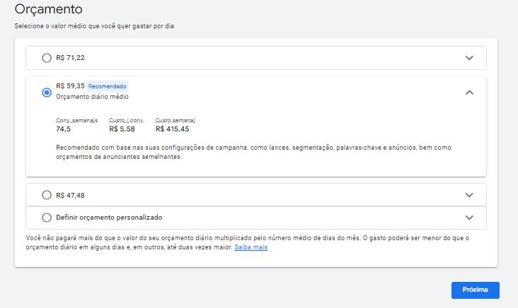 Tela de definição de orçamento da campanha no Google Ads.