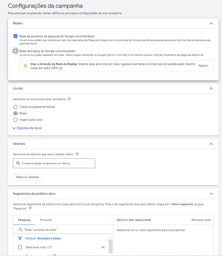 tela de configuração de campanha do google ads